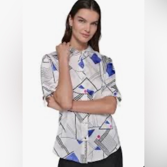 Karl Lagerfeld Geometric Print Button-Up Shirt with Bungee arm closures. XS - Picture 4 of 11